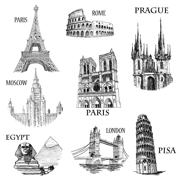 世界著名旅游景点素描 手绘线描建筑物铁塔 AI格式矢量设计素材