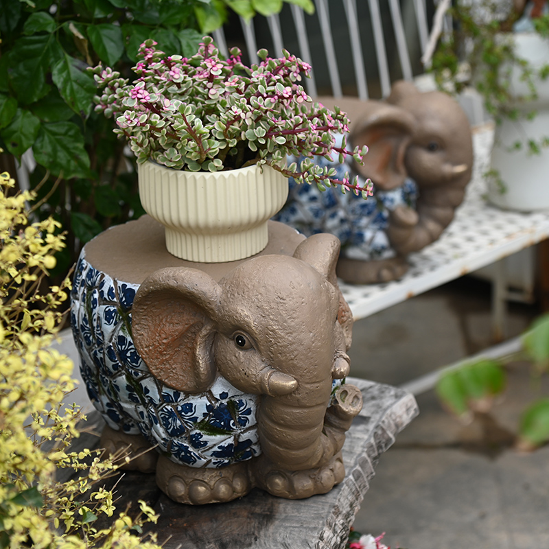 大象摆件一对花园j庭院动物小凳子花盆底座装饰动物仿青花瓷新中