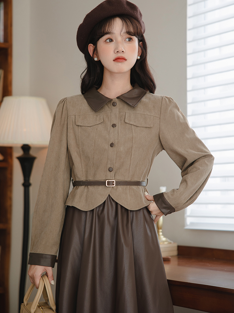 秋装搭配一整套法式小香风长袖上衣衬衫半身裙气质高级感咖色套装