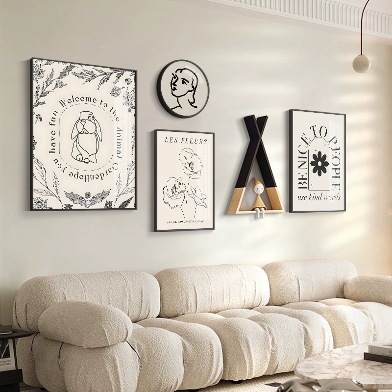 新客减法式奶油风客厅装饰画新款小众艺术壁画黑白高级感沙发背景