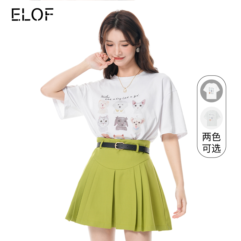 ELOF美式短袖t恤女宠物图案印花正肩夏季ins风休闲宽松遮臀上衣潮