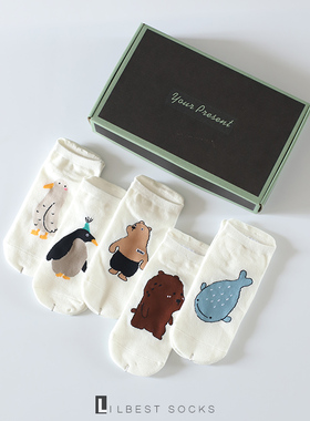 礼盒袜子夏季男女纯棉船袜日系可爱小熊卡通动物浅口白短袜个性薄