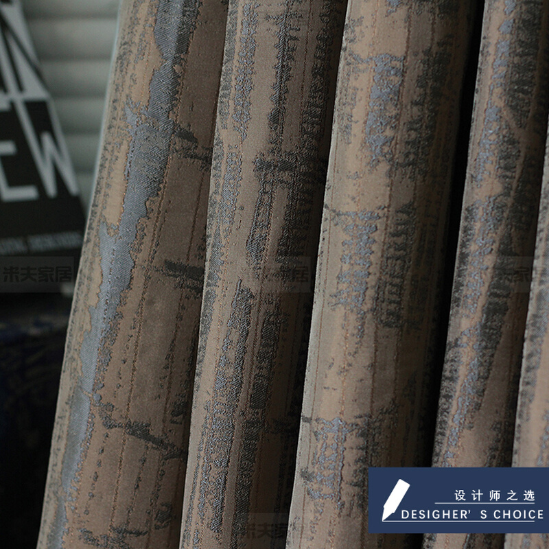 卡其色碳灰色抽象条纹图案新中式古典后现代风格高档窗帘北京米夫