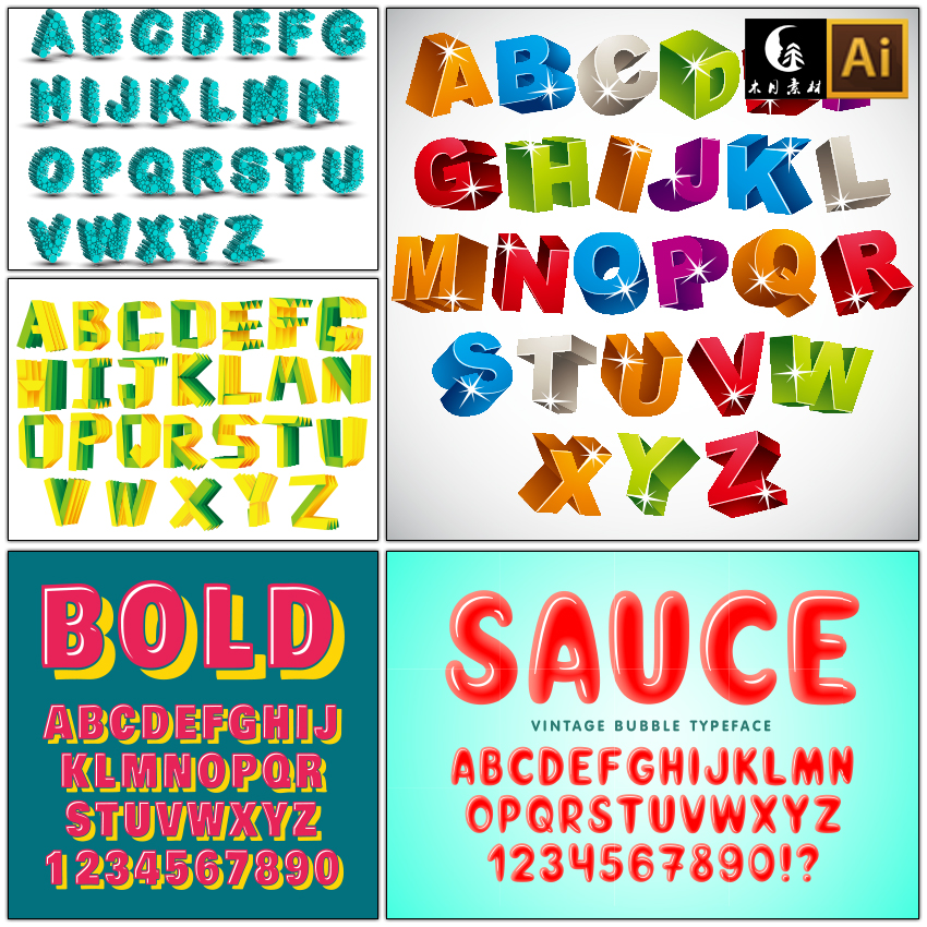 3D立体发光二十六个英文字母字体数字矢量图片设计素材