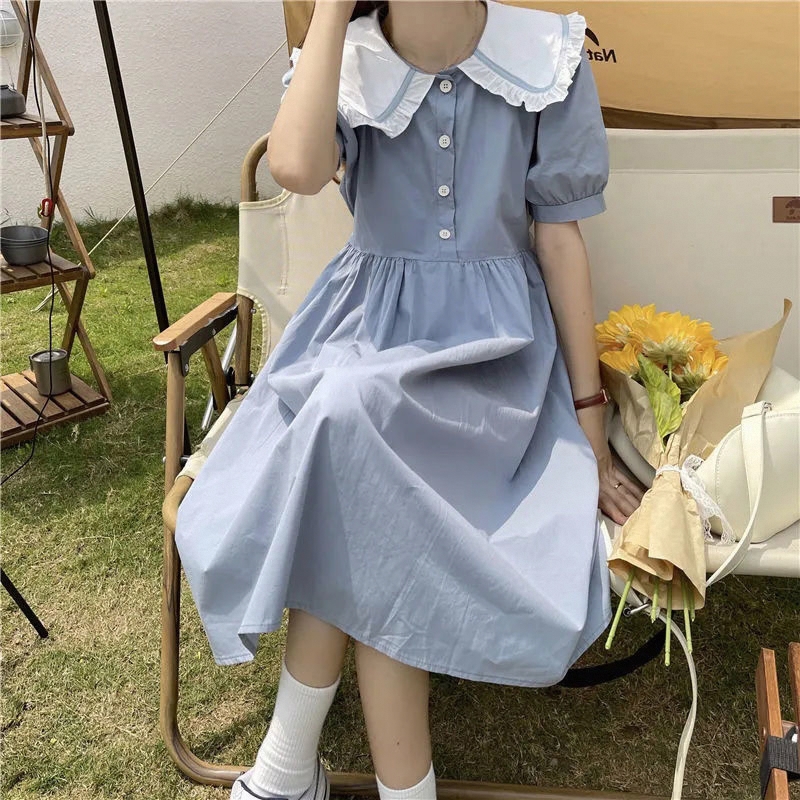 新款夏季甜美复古日系娃娃领连衣裙女学生韩版中长款百搭a字裙子