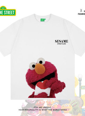 Sesame Street/芝麻街品牌logo字母立体情侣卡通图案印花短袖T恤