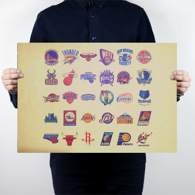 NBA30支球队队徽海报湖人勇士骑士复古牛皮纸海报宿舍壁纸装饰画