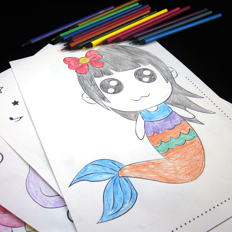 幼儿童3-6岁美人鱼公主涂色本宝宝男女孩填色本涂鸦本图画绘画本
