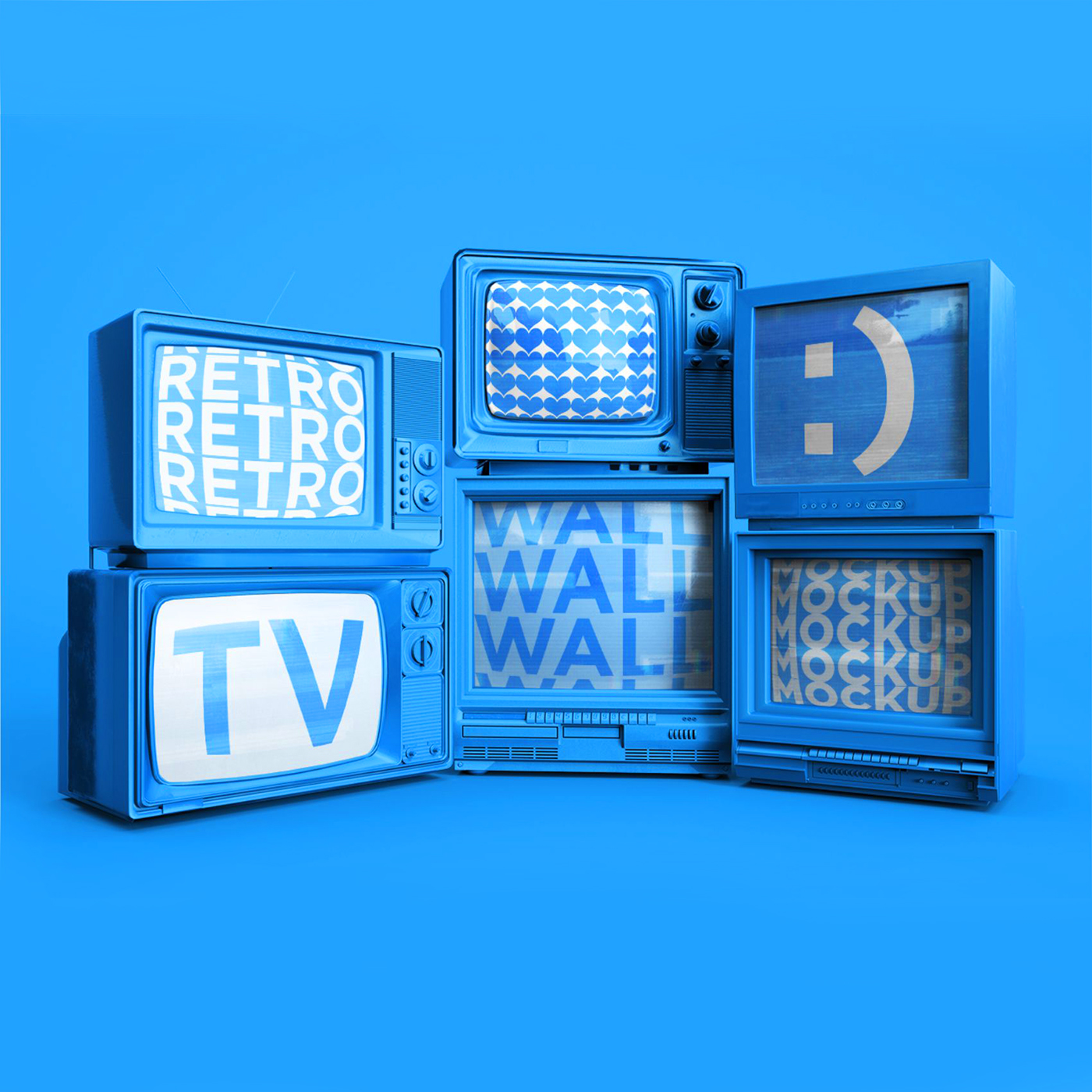 3款复古旧电视TV显示器电视屏幕logo设计展示PSD样机可改背景替换