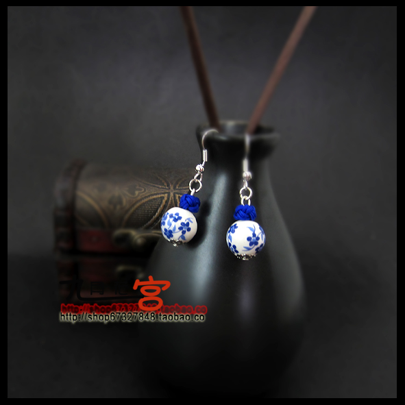 古风古典中国风古代925纯银青花瓷耳环 极简气质蓝色陶瓷耳饰耳坠