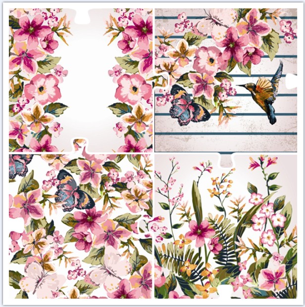 矢量设计素材 超美水彩花朵蝴蝶小鸟热带植物背景图 EPS格式