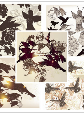 矢量设计素材 复古鸟类蝴蝶花朵剪影风格图案 EPS格式源文件 5P