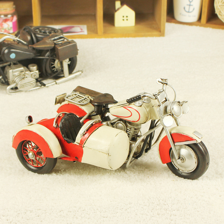 二战跨斗哈雷三轮摩托车模型 新房装饰复古铁皮摆件 精致手工艺品