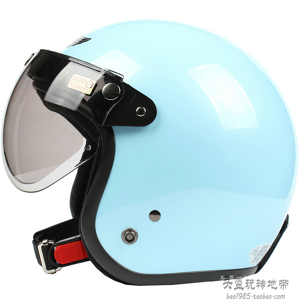 台湾浅蓝色哈雷电动摩托车头盔复古男女安全帽防晒紫外线保暖冬季