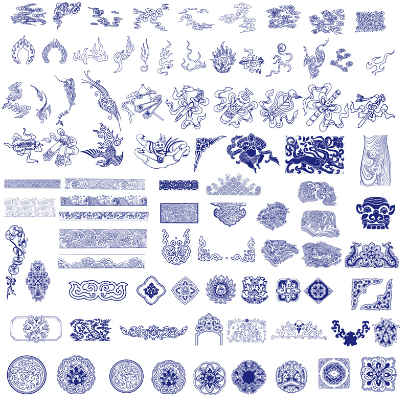 青花瓷传统花纹 中国风古典青花装饰纹样图案 AI格式矢量设计素材