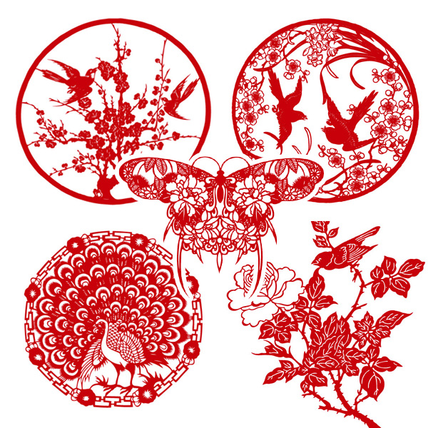 传统中国新年喜庆窗花素材生肖莲梅花瓶孔雀风筝剪纸图案素材Y471