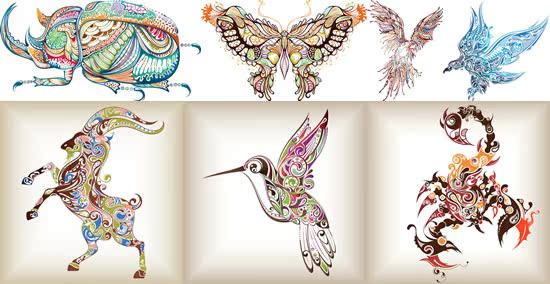 矢量设计素材 彩色花纹动物图案蝴蝶羊鸟昆虫 EPS格式源文件 7P