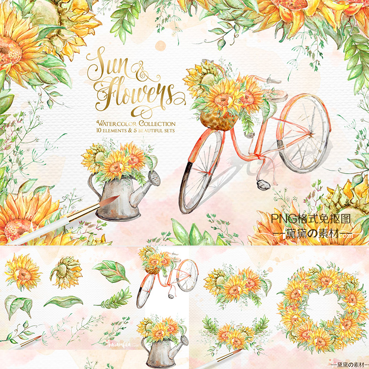 唯美手绘水彩向日葵太阳花卉花环自行车PNG免扣背景图片设计素材