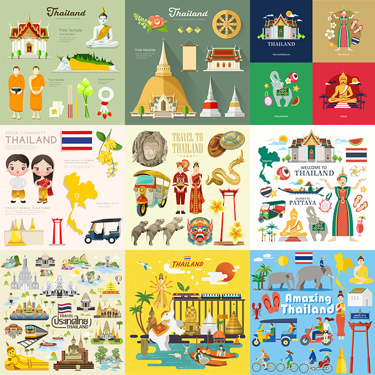 扁平化泰国旅游元素 泰国旅行风情建筑插画 AI格式矢量设计素材