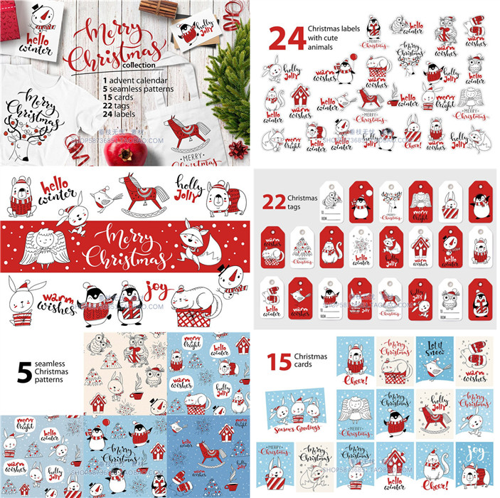 A2107矢量卡通可爱圣诞节动物雪天卡片标签logo简笔画 AI设计素材