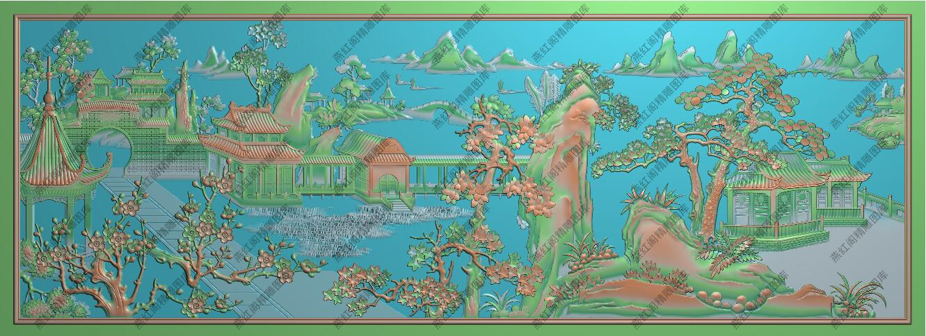 精雕图灰度图浮雕图新款山水庭院梅花松树风景大背板横板1303x452