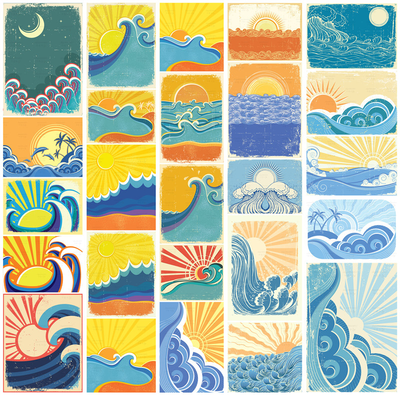 矢量设计素材 25张复古日式风格海浪太阳插画图案海报模板 EPS