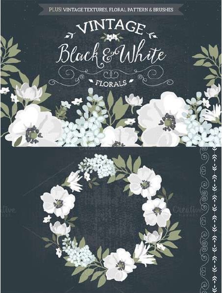 矢量设计素材 复古黑白花朵花环欧式纹饰小清新森系图案婚礼 EPS