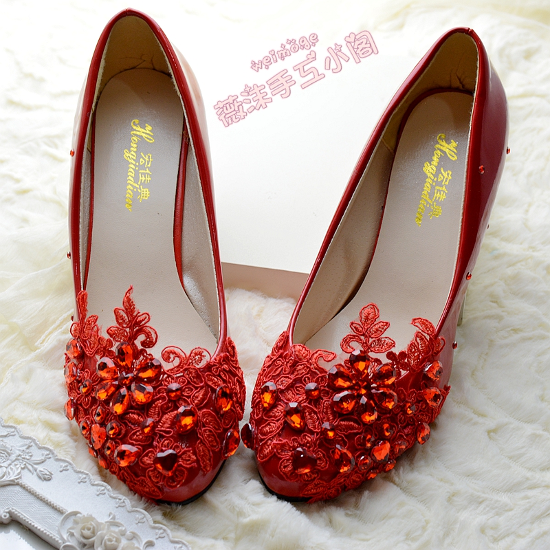 秋冬新娘鞋红色水晶鞋高跟鞋水钻结婚鞋红色单鞋伴娘鞋礼服敬酒鞋