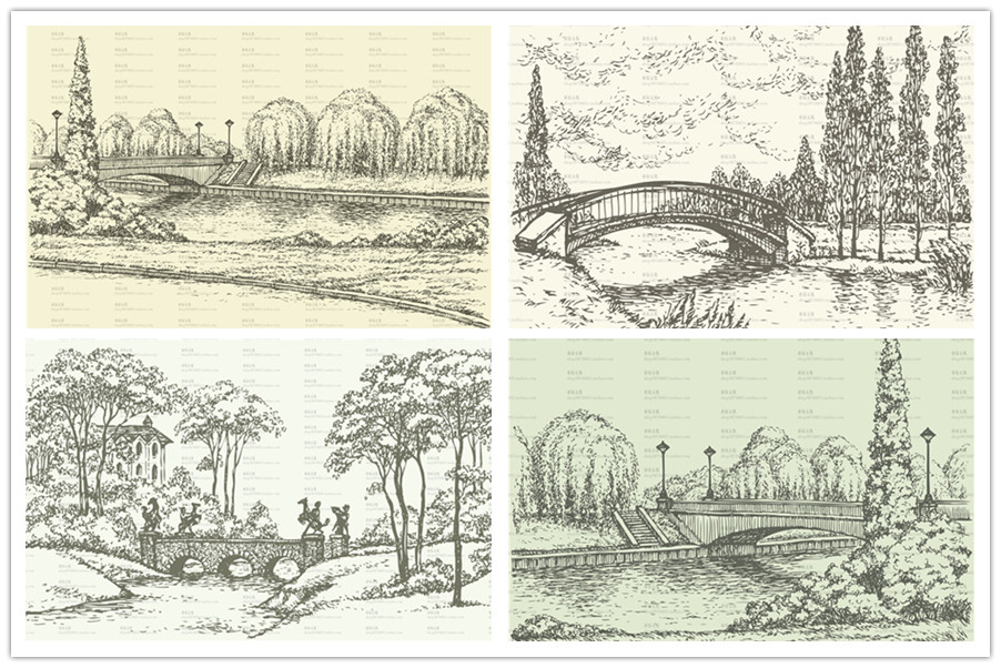 A1607矢量复古版画素描风格风景桥梁河水绘画图案模板 AI设计素材