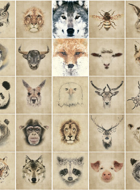 矢量设计素材 25个几何复古马赛克图案动物头像熊猫狼狮子老虎EPS