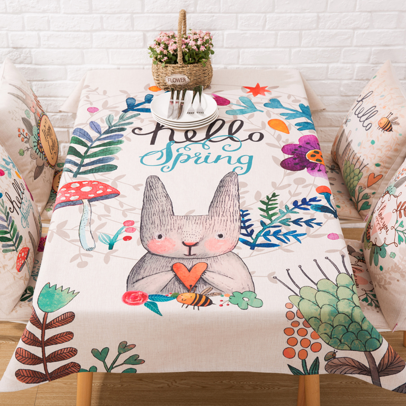 卡通动物棉麻餐桌布艺台布茶几柜子长方形盖布加厚防烫可爱兔子