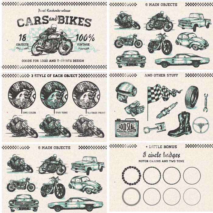 A2849矢量复古手绘摩托车汽车赛车插画图案 AI设计素材+PNG