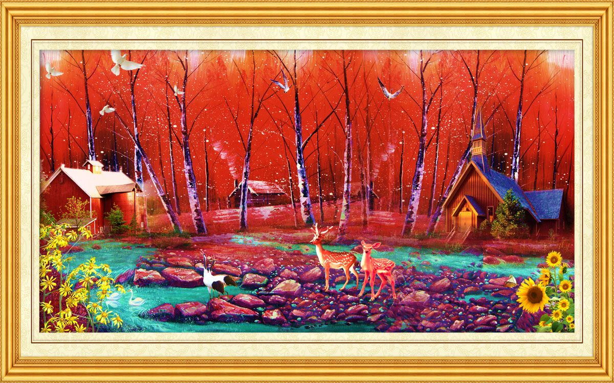 756海报印制展板写真喷绘173秋天景色小鹿油画风景壁中堂装饰画