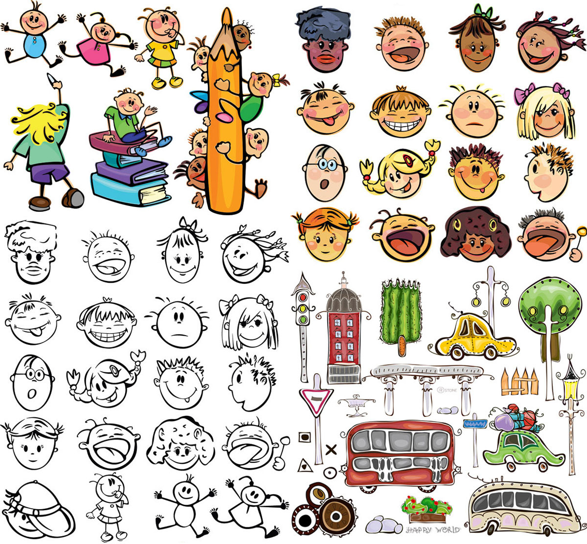 手绘涂鸦儿童宝宝头像幼儿园小朋友笑脸巴士矢量图案设计素材A825