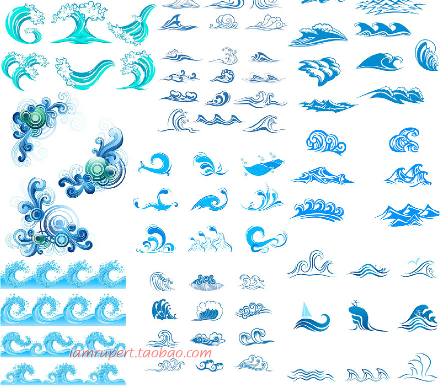 90款蓝色海浪波浪花纹样海洋冲浪花标志LOGO设计矢量图案素材A814