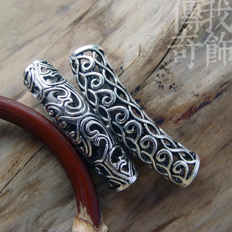 鸡血藤弯管镂空雕花藏银材质中国传统古代图案精致装饰花纹管珠