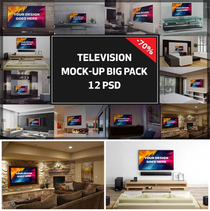 Television Mockup平面设计素材智能贴图室内电视场景样机psd格式