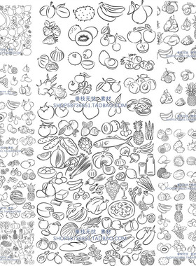 A2180矢量黑白简笔画手绘水果蔬菜鱼肉菠萝 EPS素材 AI设计素材