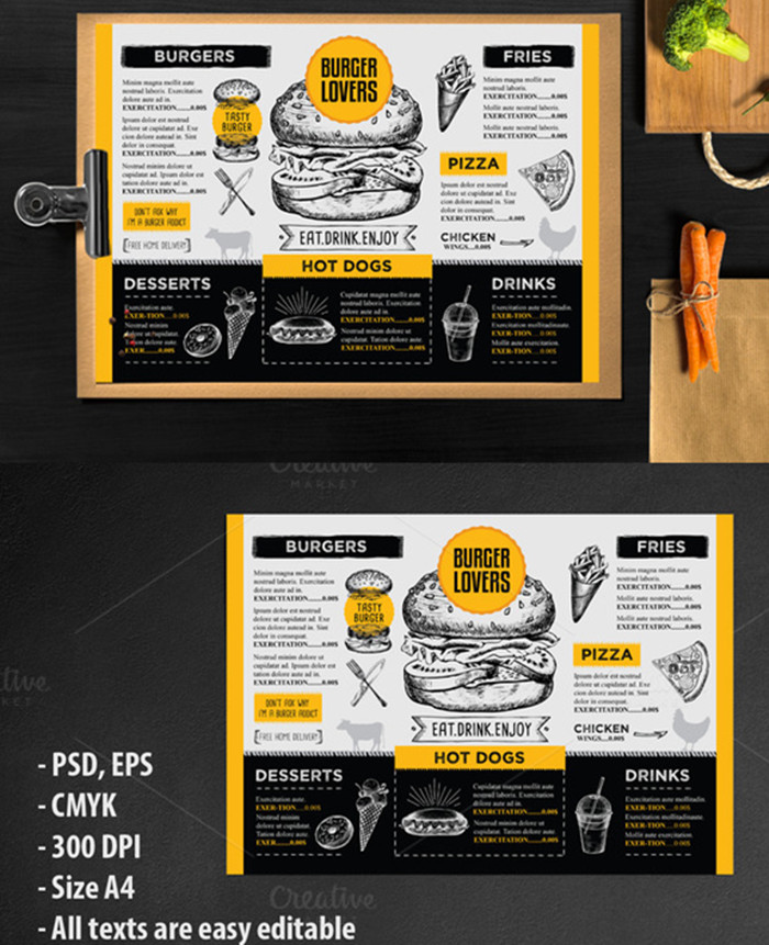 A0048矢量AI设计素材 手绘食物海报菜单快餐汉堡饮料热狗+PSD格式