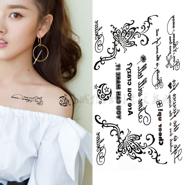 小清新韩国防水纹身贴男女简单黑白花朵英文字母锁骨帖