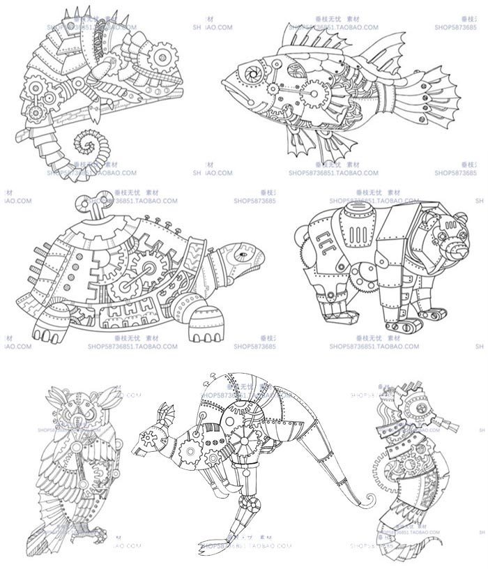 A3610矢量蒸汽朋克机械齿轮动物简笔画鱼蜥蜴乌龟袋鼠 AI设计素材