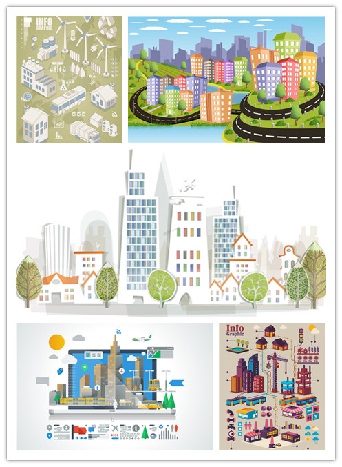 A0442矢量彩色扁平化城市建筑工厂图标图案 AI设计素材