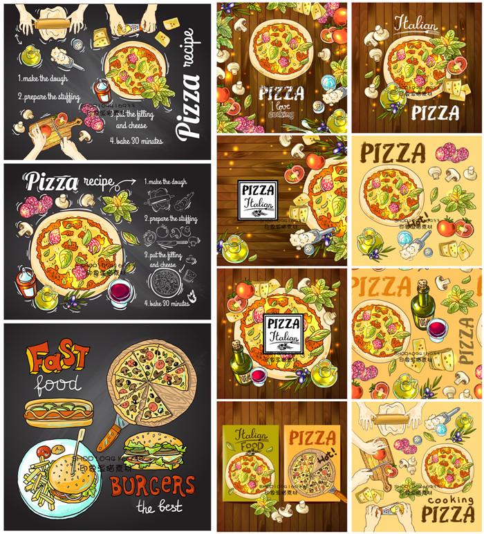 A0031矢量AI设计素材 黑板粉笔木板手绘快餐披萨菜单海报插画