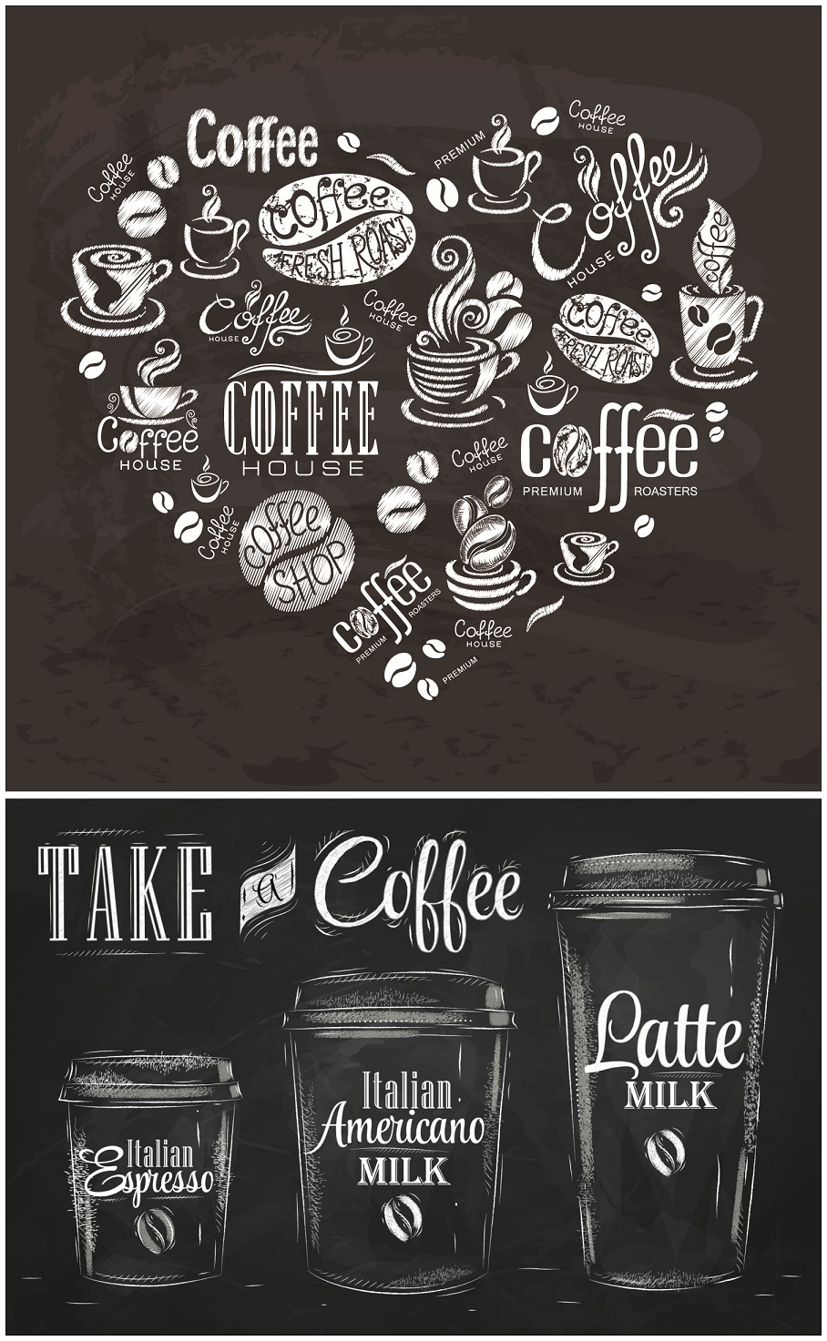 A0909矢量黑板粉笔咖啡菜单模板插画海报拿铁咖啡杯 AI设计素材