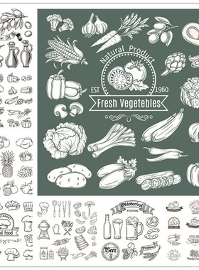 食物线稿手绘水果蔬菜啤酒烧烤BBQ简笔画 AI/EPS矢量设计素材