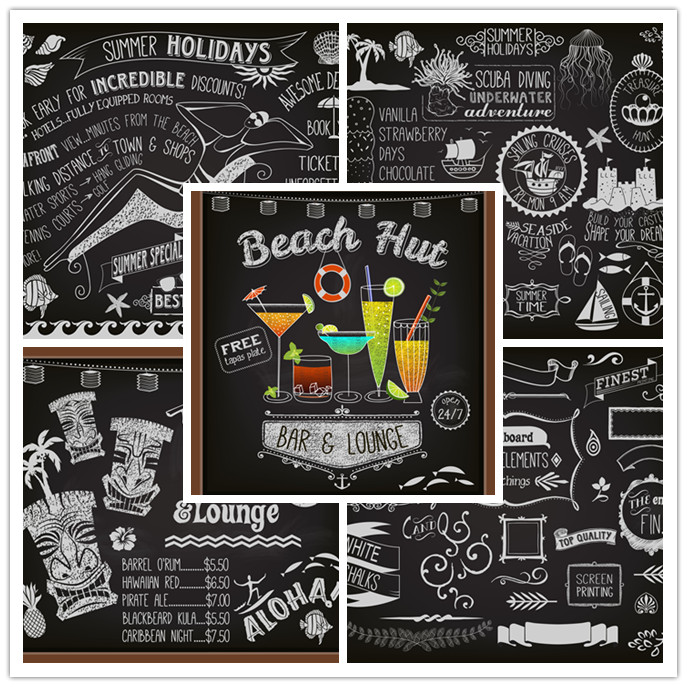 矢量设计素材 黑板粉笔热带风情图案菜单饮料椰子英文字母 EPS