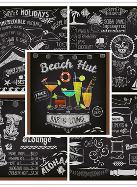 矢量设计素材 黑板粉笔热带风情图案菜单饮料椰子英文字母 EPS