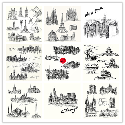 矢量设计素材 世界著名城市建筑物手绘线稿地标东京中国纽约EPS