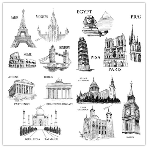 A0562矢量世界著名建筑物线稿手绘速写巴黎莫斯科罗马 AI设计素材