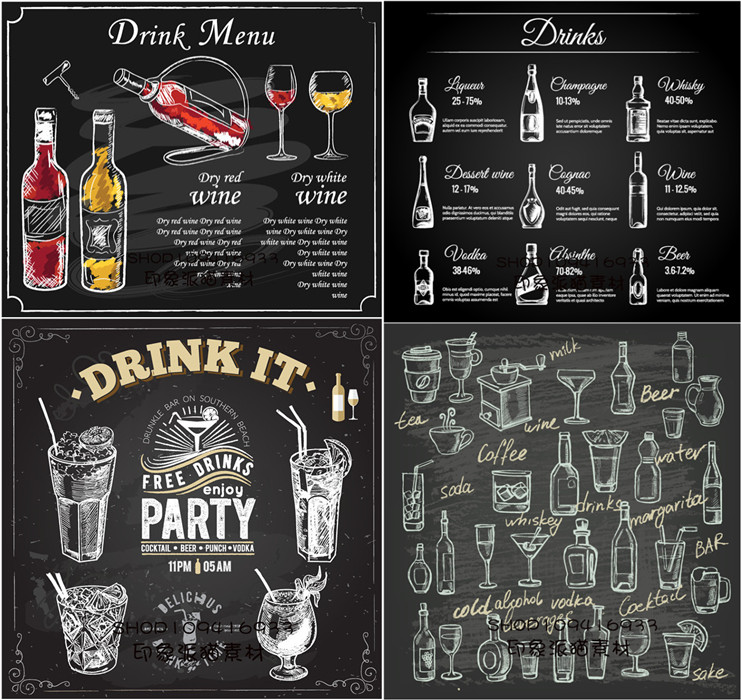 A0067矢量AI设计素材 黑板粉笔手绘饮料酒水菜单价目表海报插画